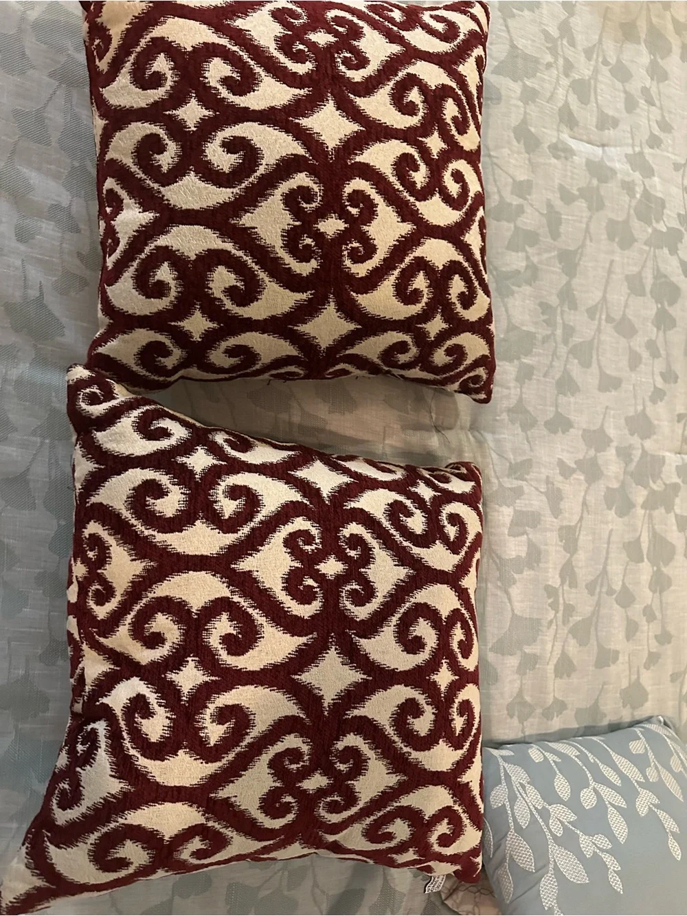 Decorative Burgundy and Cream Scroll Throw Pillows like new